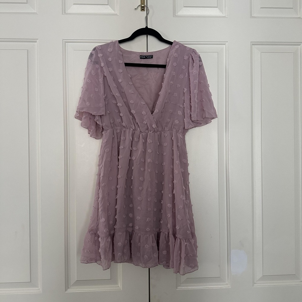 Shein Dress Womens Large Purple Swiss Dot V Neck Flutter Sleeve Ruffle Mini - Picture 1 of 10